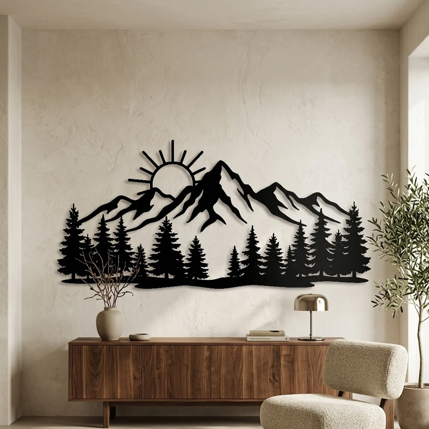 Mountain range and forest steel wall art in a living room